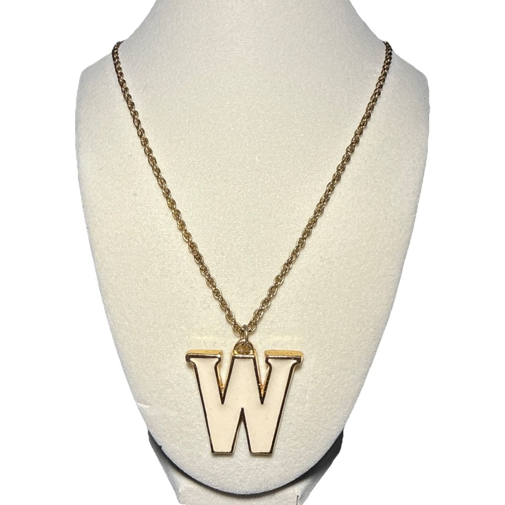 Cream and Gold Tone "W" Monogram Pendant Necklace Vtg J-12B